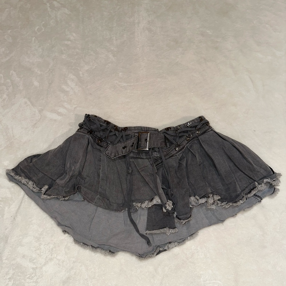 Gray Denim Mini Skirt with Belt